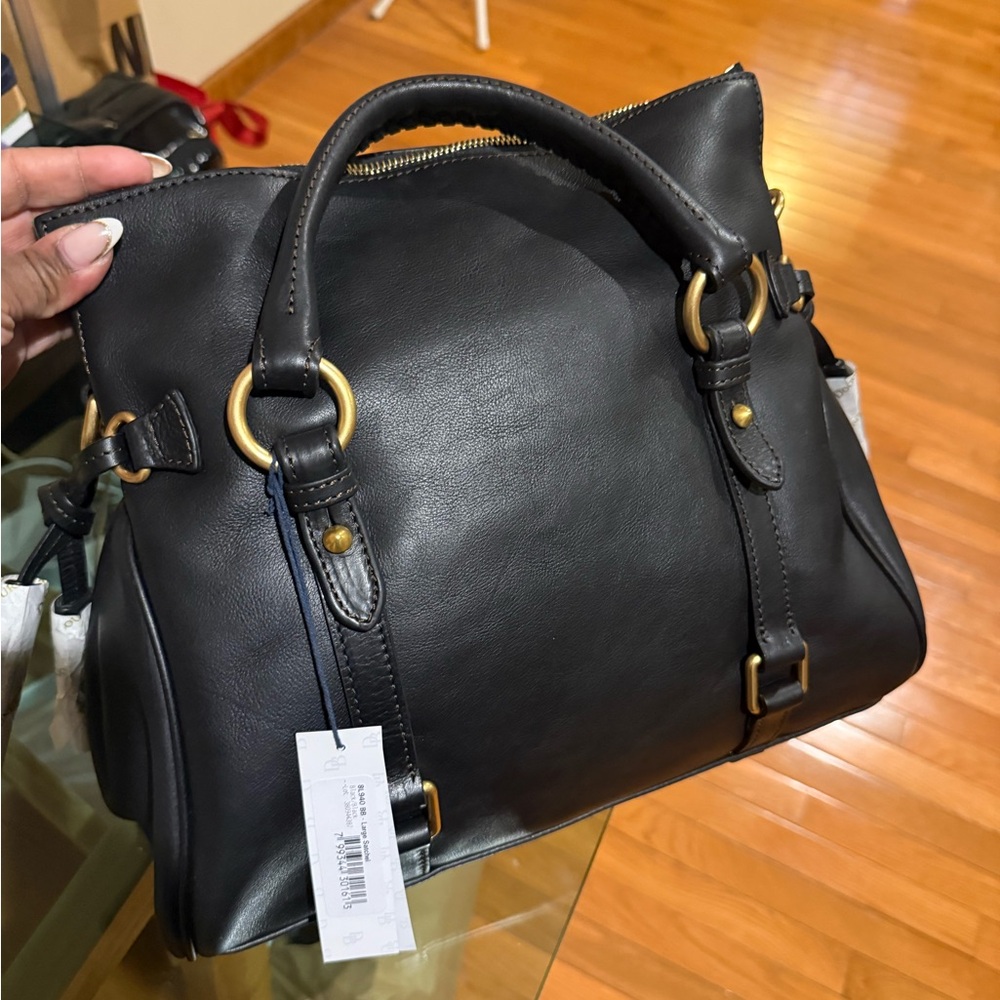 Dooney & Bourke Black Leather Satchel with Gold Accents Large